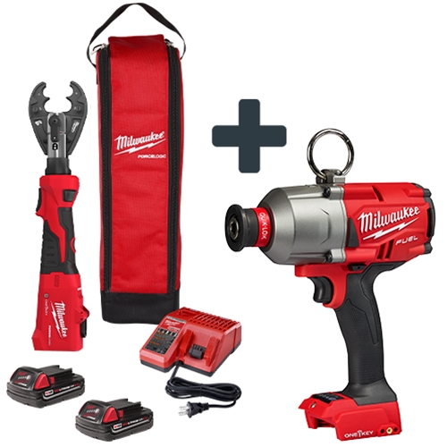 Milwaukee M18 FORCE LOGIC 6T Linear Utility Crimper Kit with O-D3 Jaw & 7/16" Impact Wrench Bucket Essentials Bundle